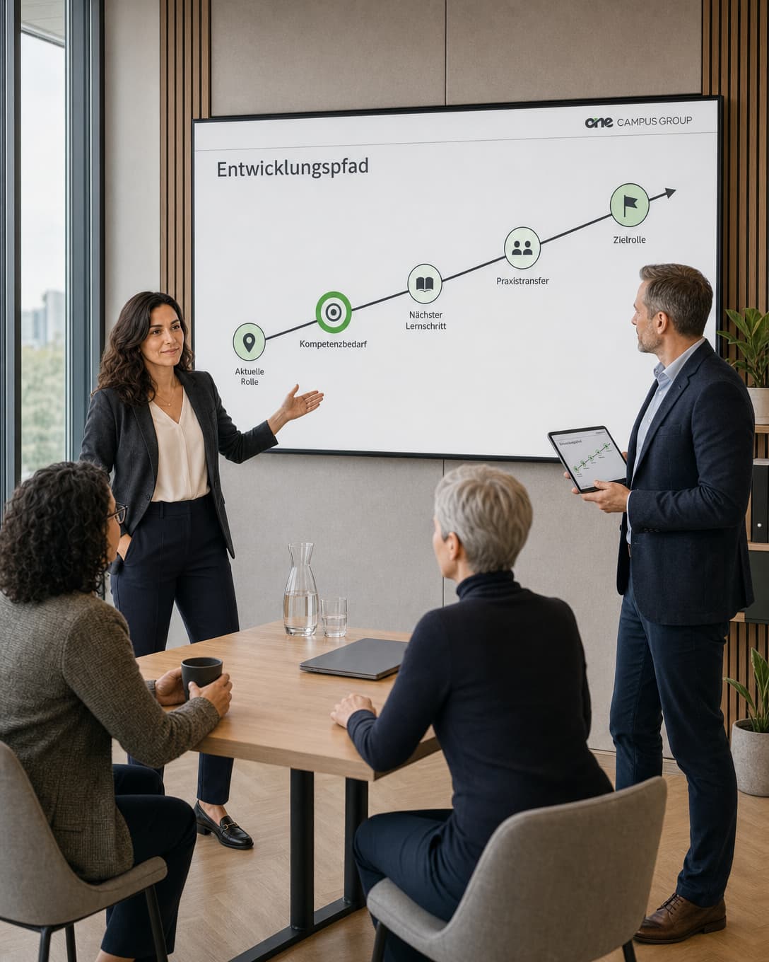 Eine Bildungsexpertin zeigt zwei Führungsfrauen an einem großen Wanddisplay die Stufen eines Entwicklungswegs, während ihr Kollege einen Baustein auf dem Tablet markiert.